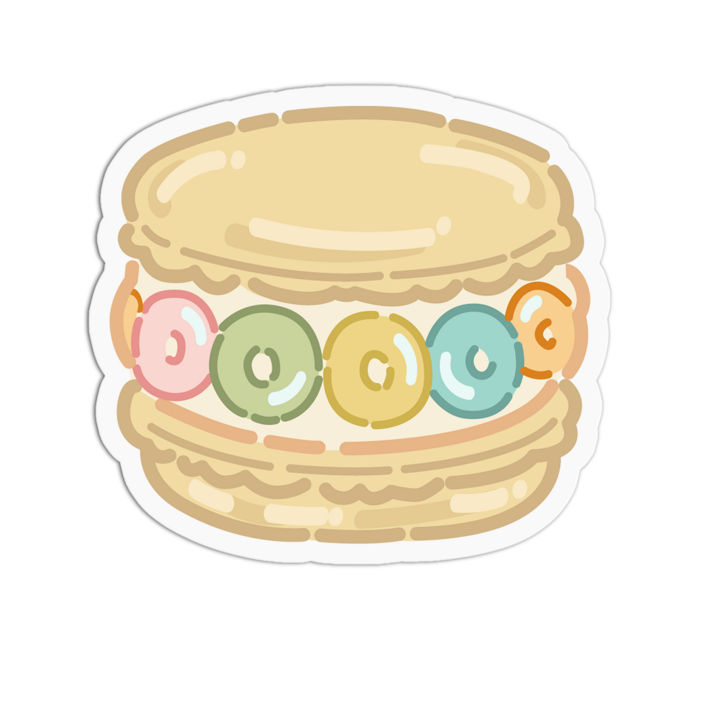 A die-cut sticker featuring a cute cartoon illustration of a macaron with colorful candy rings in the cream filling, shown on a plain white background.