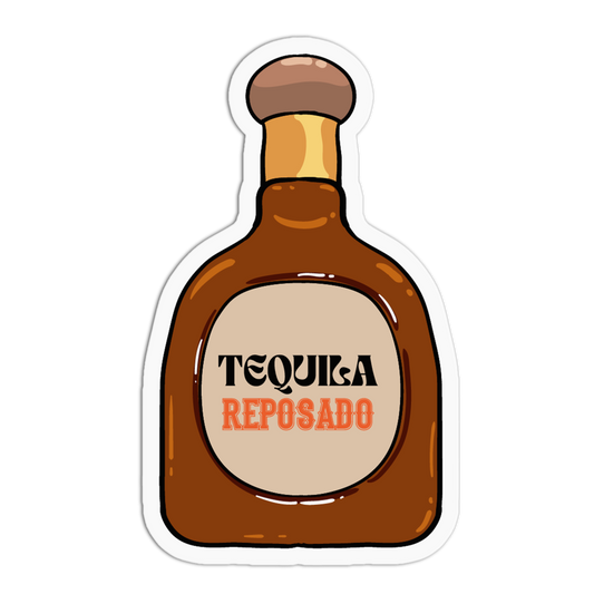 A die-cut sticker depicting a cartoon tequila bottle with the words 'TEQUILA REPOSADO' printed on the front, shown on a plain white background.