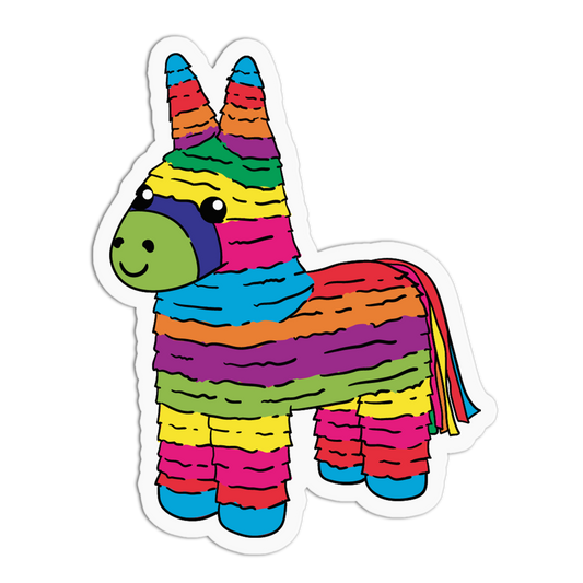 A die-cut vinyl sticker of a colorful rainbow-striped donkey piñata, shown on a solid white background.