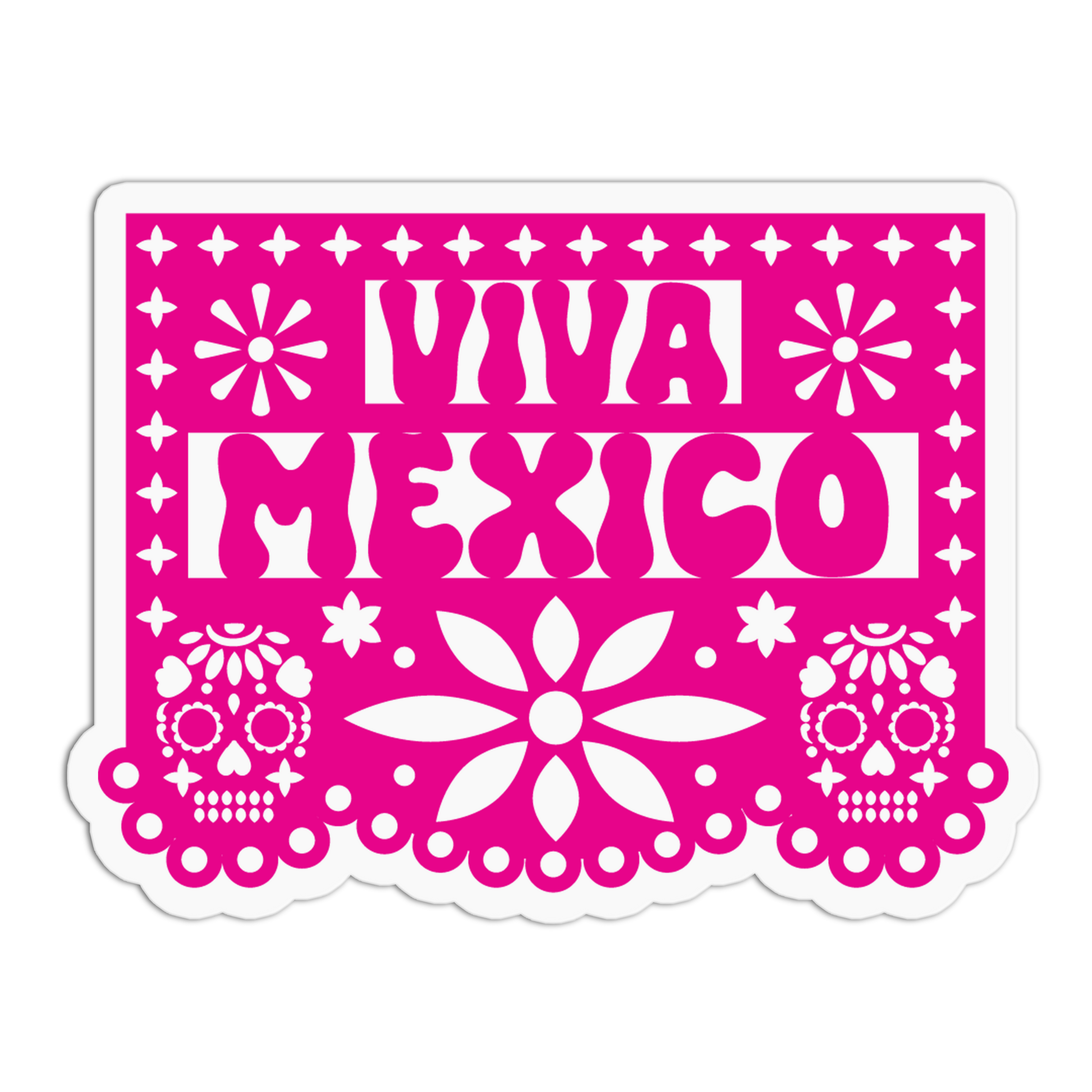 A bright pink rectangular papel picado banner with 'VIVA MEXICO' in bold white letters, decorated with sugar skull motifs and floral patterns, shown on a plain white background.