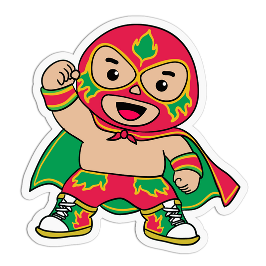 A cartoon-style die-cut sticker of a colorful lucha libre wrestler character on a plain white background.