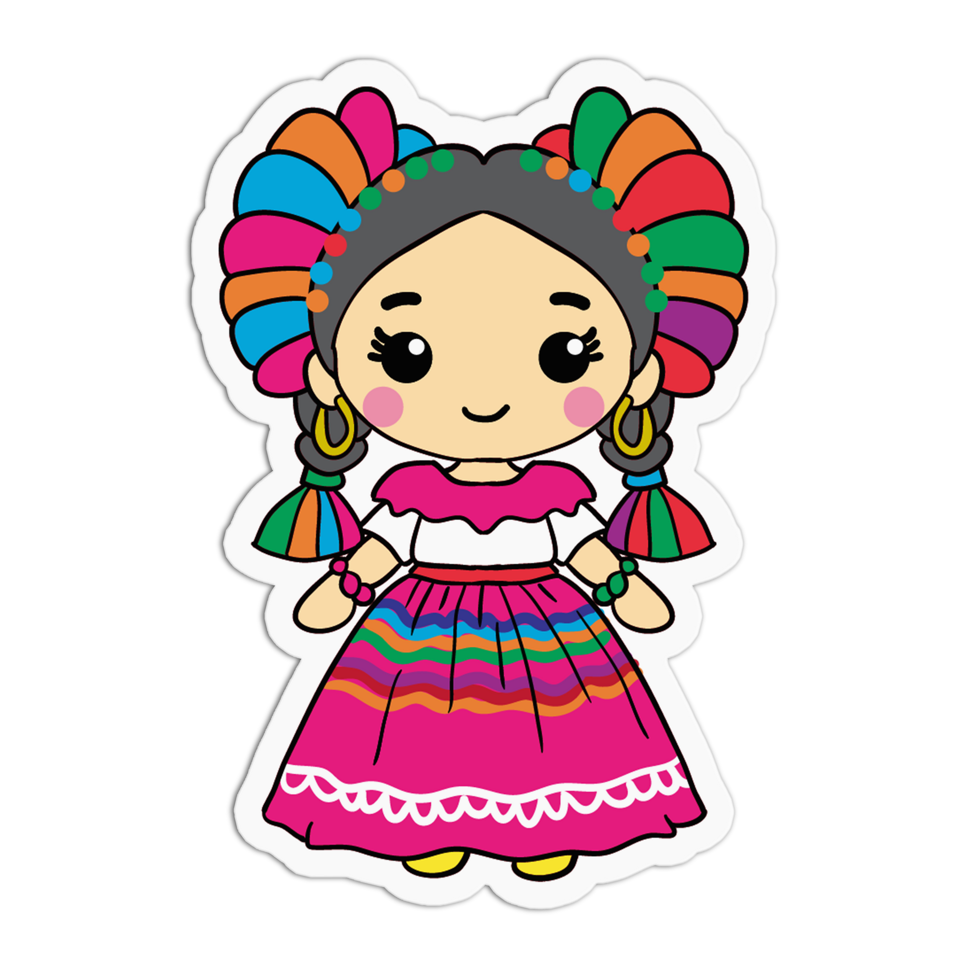 A cartoon-style die-cut sticker of a smiling girl with colorful braided hair and a bright pink dress with rainbow stripes, shown on a plain white background.