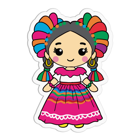 A cartoon-style die-cut sticker of a smiling girl with colorful braided hair and a bright pink dress with rainbow stripes, shown on a plain white background.