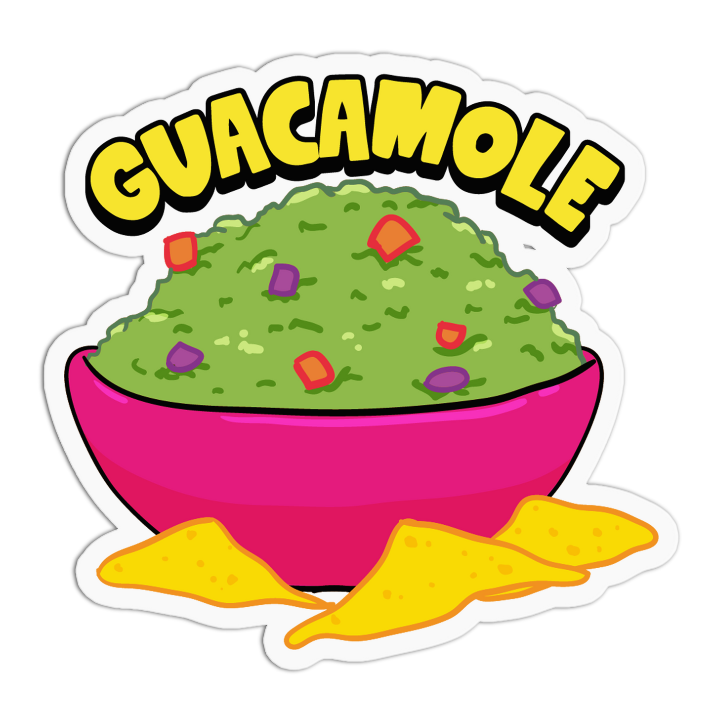 A die-cut sticker featuring a cartoon bowl of green guacamole with yellow chips in front and the word 'GUACAMOLE' in bold yellow letters at the top.