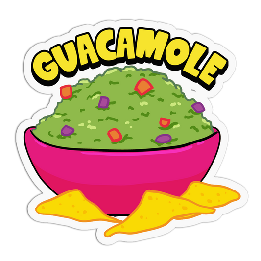 A die-cut sticker featuring a cartoon bowl of green guacamole with yellow chips in front and the word 'GUACAMOLE' in bold yellow letters at the top.