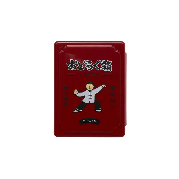 Red box with cartoon character and text on a white background