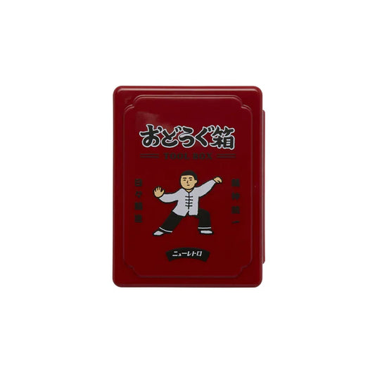 Red box with cartoon character and text on a white background
