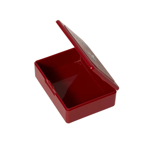 Red rectangular box with a lid on a white background