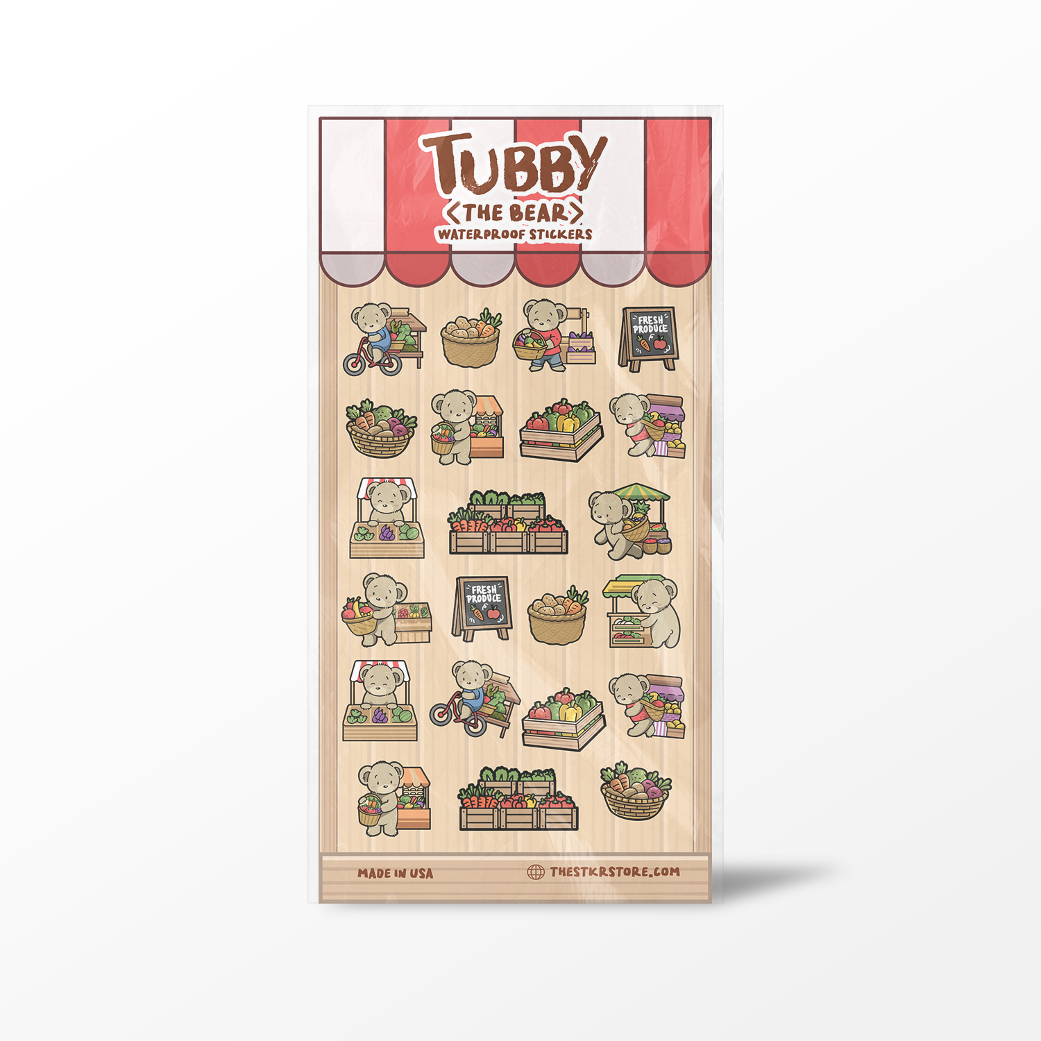 Packaging of Tubby the Bear waterproof stickers with illustrations on a white background