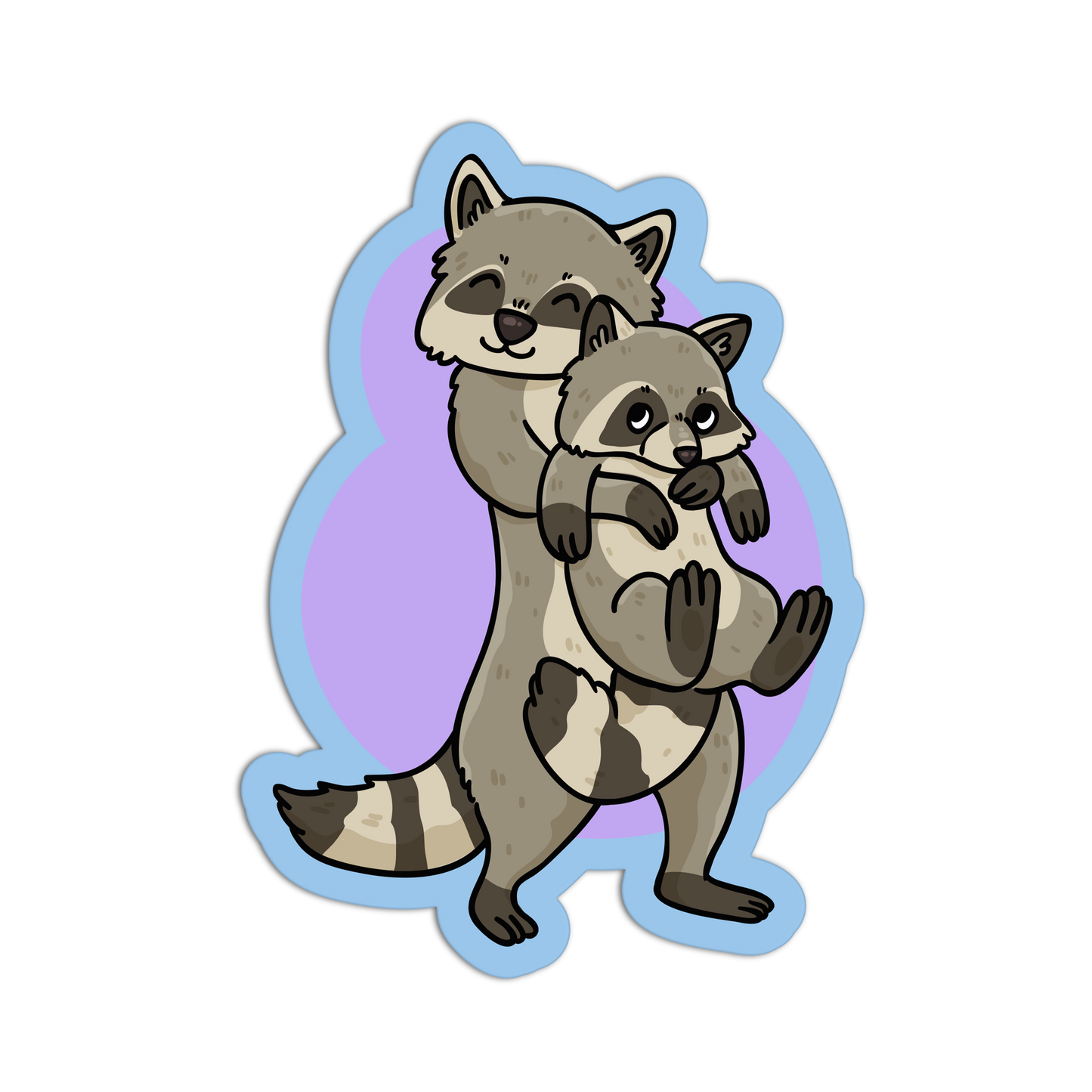 Cartoon raccoons with a light blue and purple gradient background