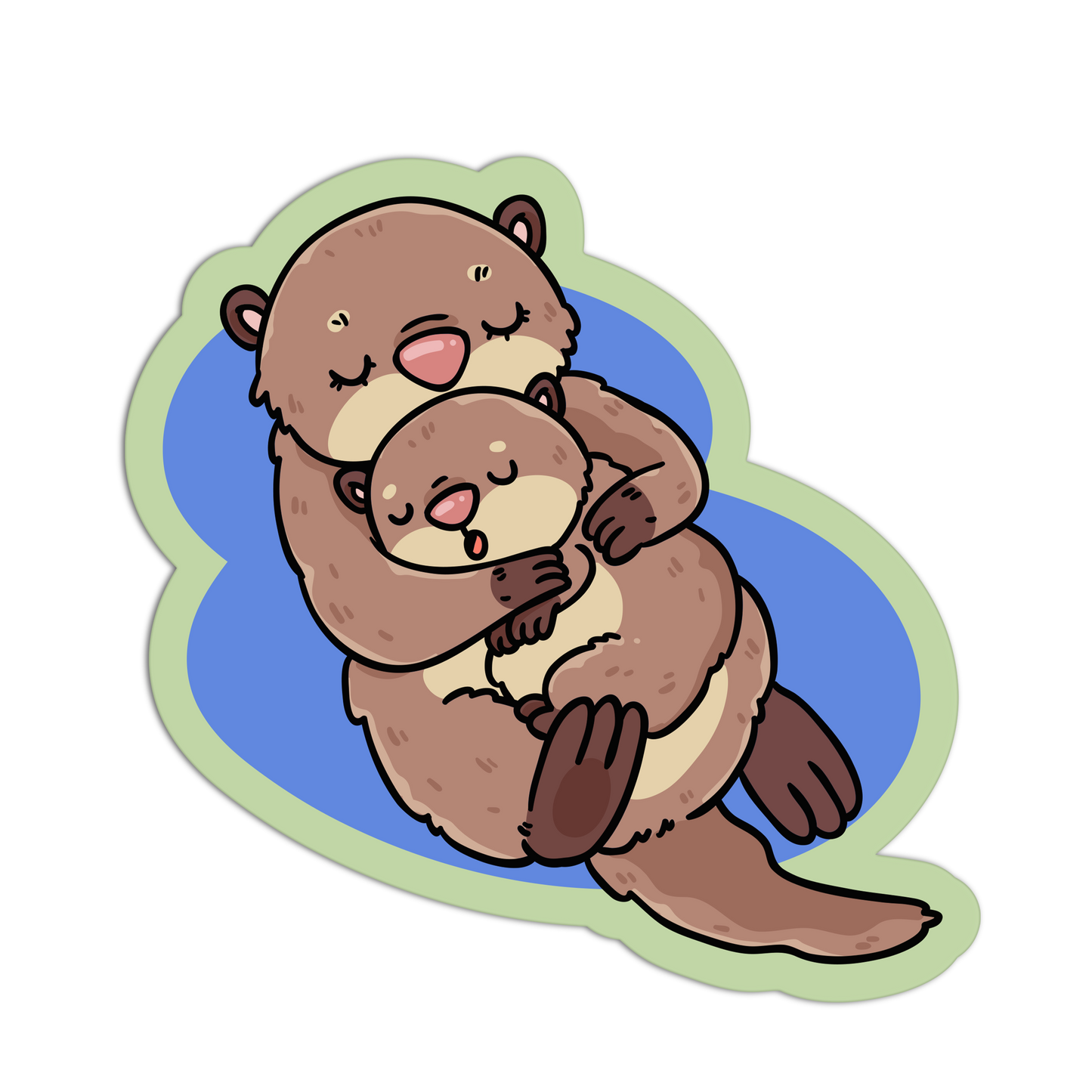 Cartoon otters hugging on a blue and green background