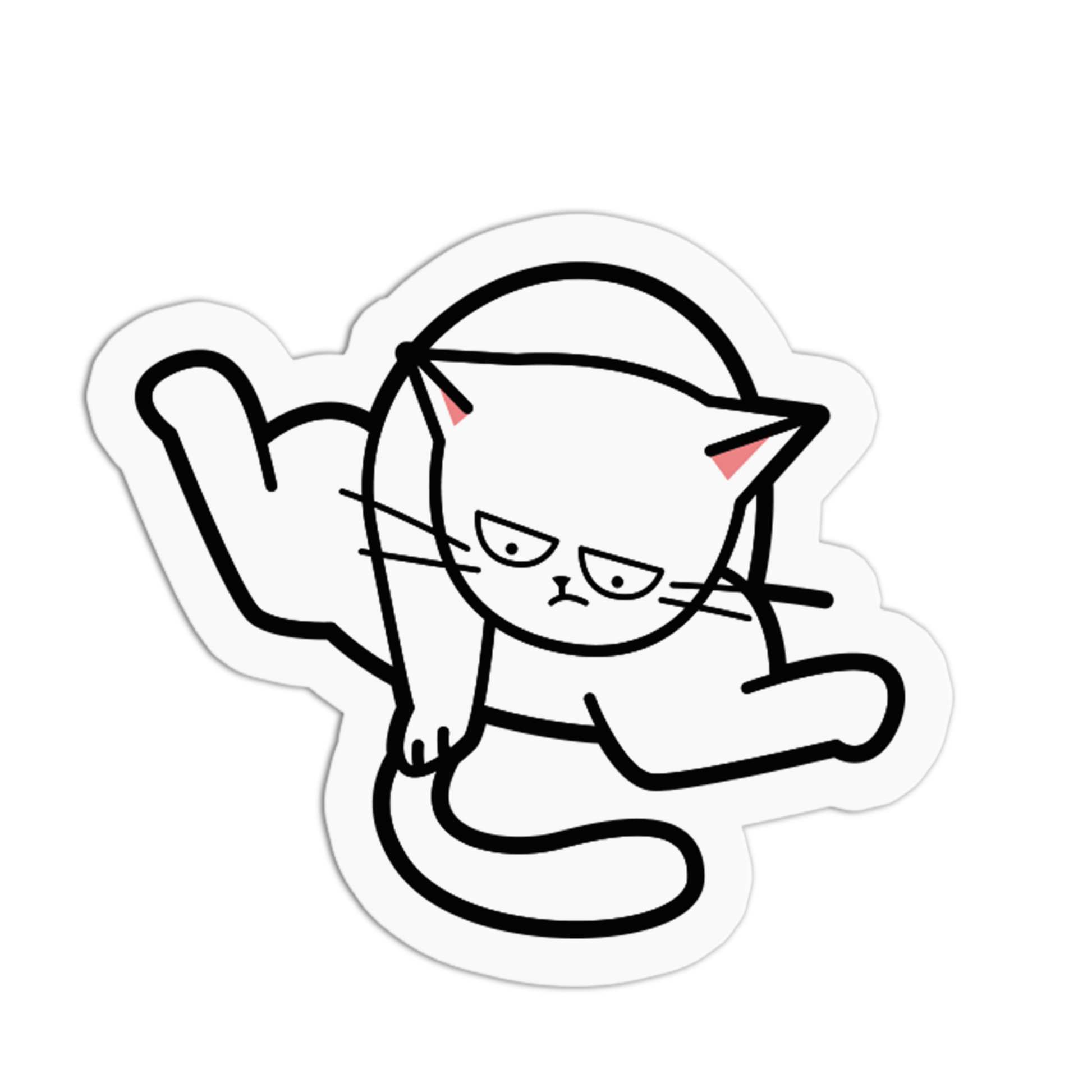 Cartoon cat sticker with a sad expression on a white background