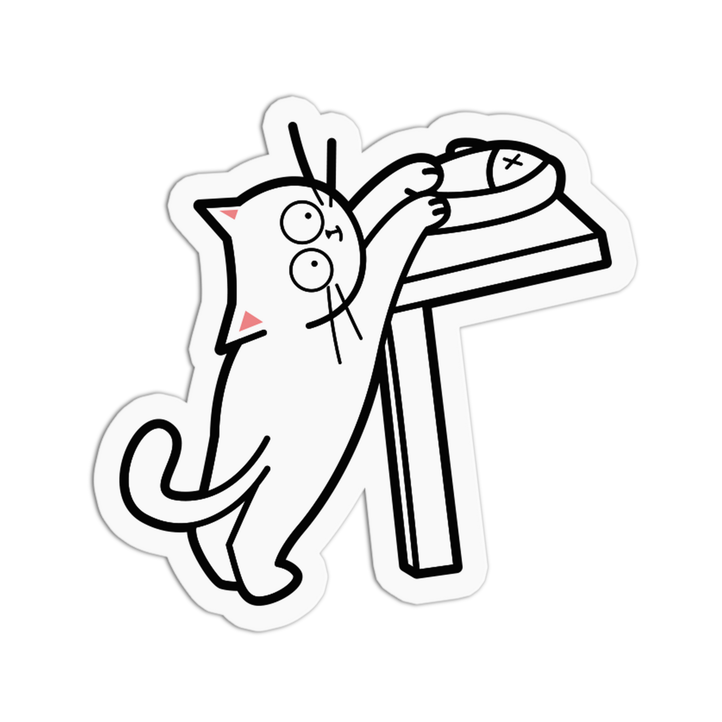 Cartoon cat sticker with a cat on a table, black and white.