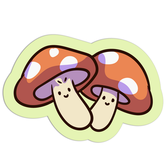 Cartoon mushrooms with smiling faces on a white background