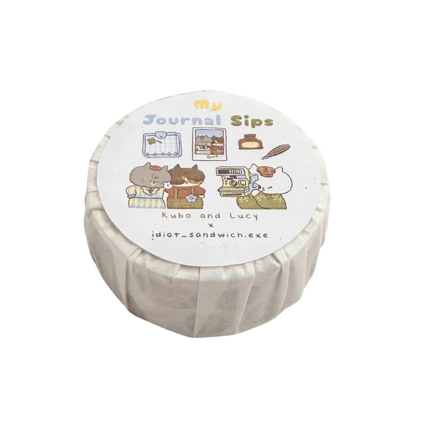 Roll of washi tape with cartoon characters and text on a white background