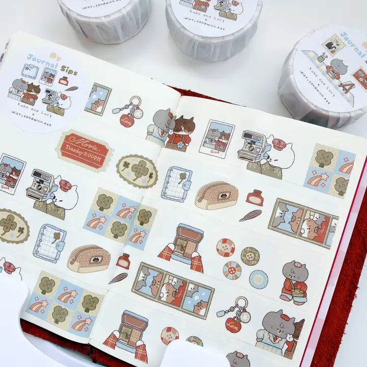 Sticker book with decorative stickers on a white surface