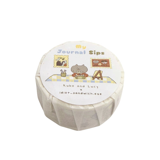Round washi tape labeled 'My Journal Sips' with cartoon illustrations on a white background