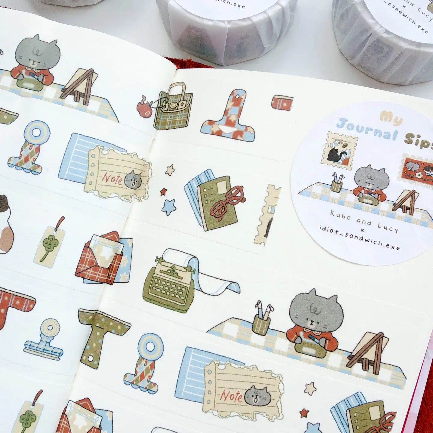 Collection of decorative stickers with cartoon characters and stationery items on a white background.