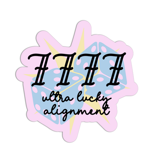 Sticker with '777 ultra lucky alignment' text on a colorful background
