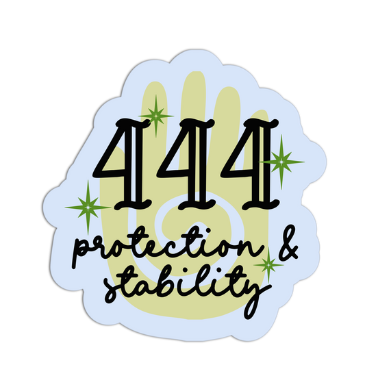 Sticker with '444 protection & stability' text on a light blue background