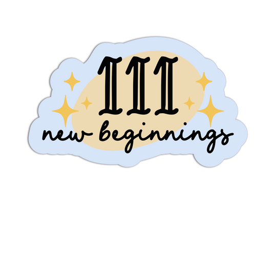 Sticker with 'new beginnings' text on a light blue cloud-like background