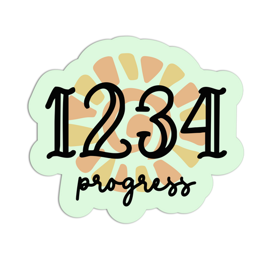 Decorative number '1234' with a sunburst pattern and 'progress' text on a light green background.