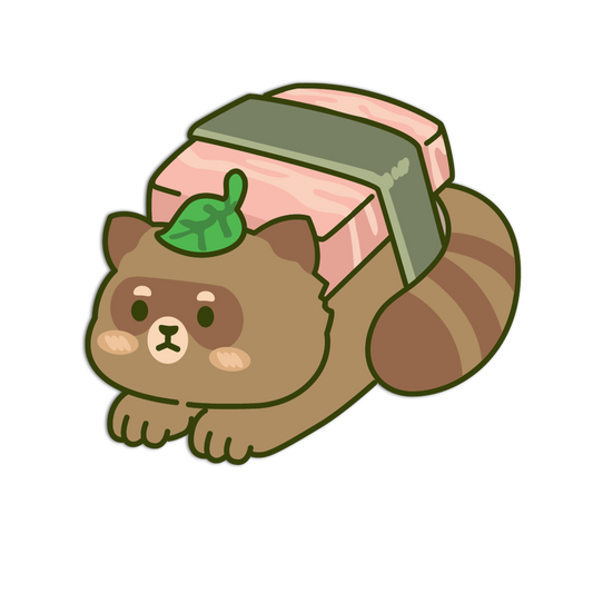 Cartoon raccoon with a box on its back on a white background