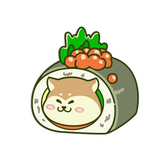 Cartoon cat face inside a sushi roll with wasabi and salmon on a white background