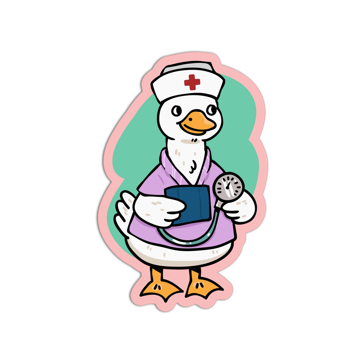 Cartoon duck in a nurse outfit holding a stethoscope on a white background