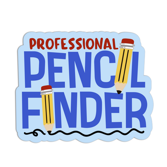 Sticker with 'Professional Pencil Finder' text and pencil graphics on a light blue background