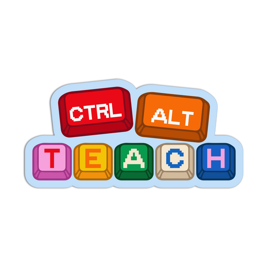 Colorful keyboard key stickers spelling 'CTRL ALT TEACH' on a white background
