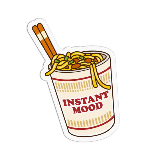 Sticker of a cup of instant noodles with chopsticks labeled 'Instant Mood' on a white background
