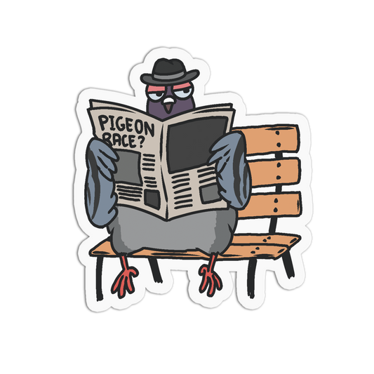 A die-cut cartoon sticker of a pigeon sitting on a bench and reading a newspaper that says 'PIGEON RACE?'. The pigeon wears a black hat and red glasses.