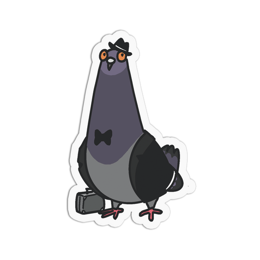 A cartoon pigeon sticker or decal shown on a plain white background. The pigeon is dark gray and black with orange eyes, wearing a small black hat and bow tie, and standing next to a small suitcase.