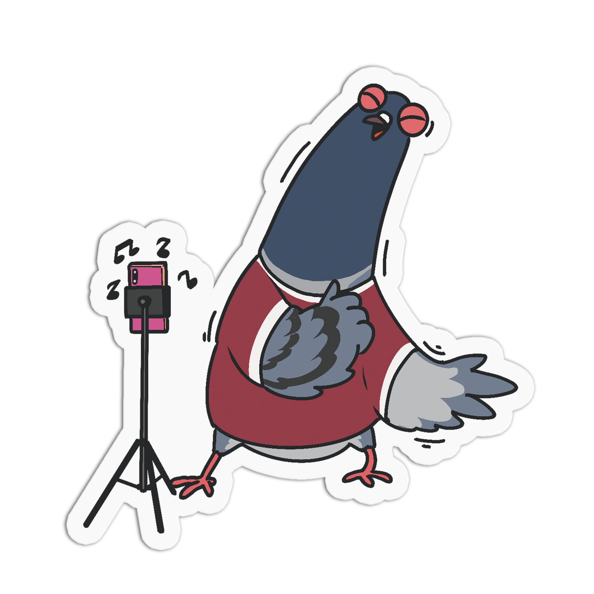 A die-cut cartoon sticker of a singing pigeon wearing a red sweater, standing next to a phone on a tripod with musical notes, shown on a plain white background.