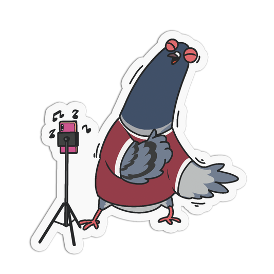 A die-cut cartoon sticker of a singing pigeon wearing a red sweater, standing next to a phone on a tripod with musical notes, shown on a plain white background.