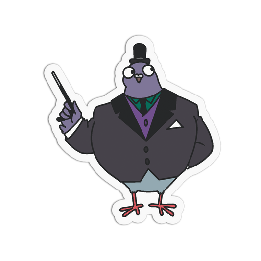 A die-cut cartoon sticker of a pigeon dressed in a formal black tuxedo with a top hat, green vest, purple shirt, and holding a cane, shown on a plain white background.