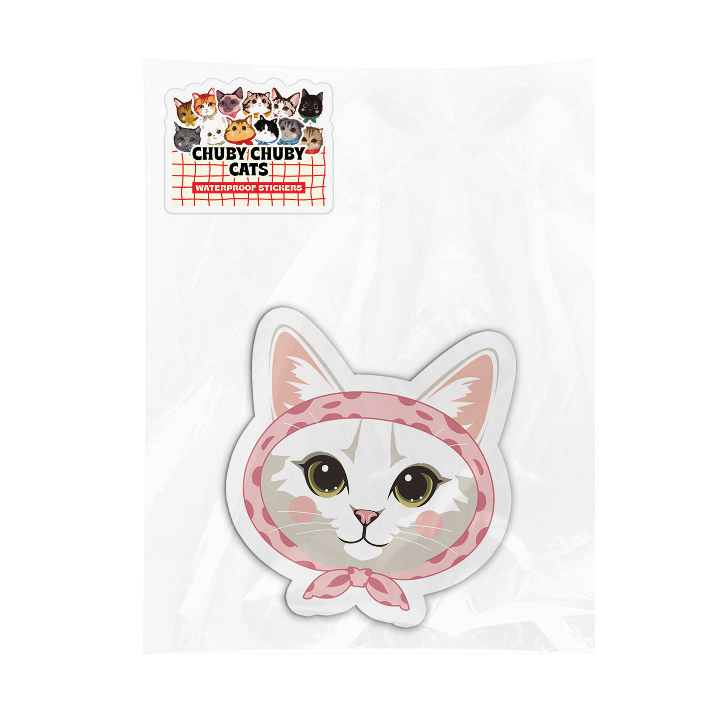 White Cat with Pink Headscarf - Chuby Chuby Cats Sticker