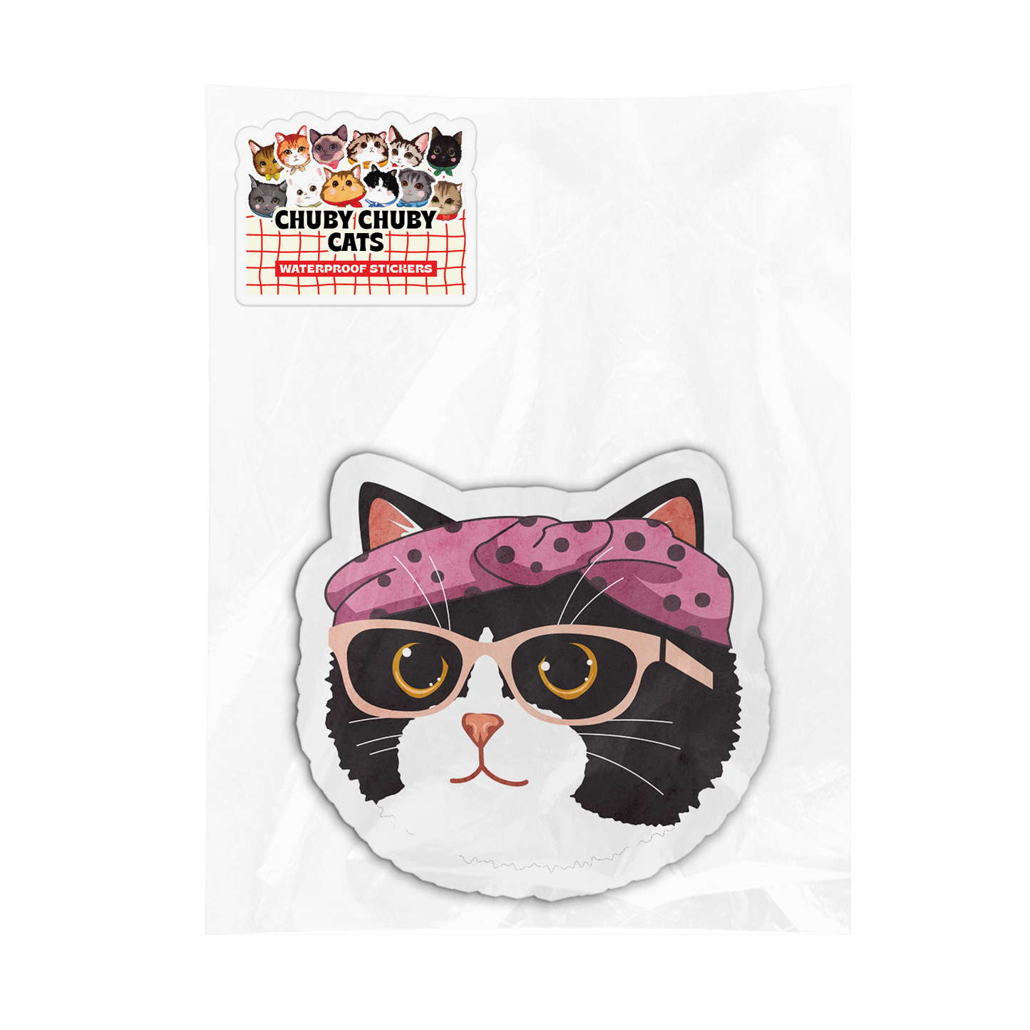 Tuxedo Cat with Pink Polka Dot Headband and Pink Glasses - Chuby Chuby Cats Sticker