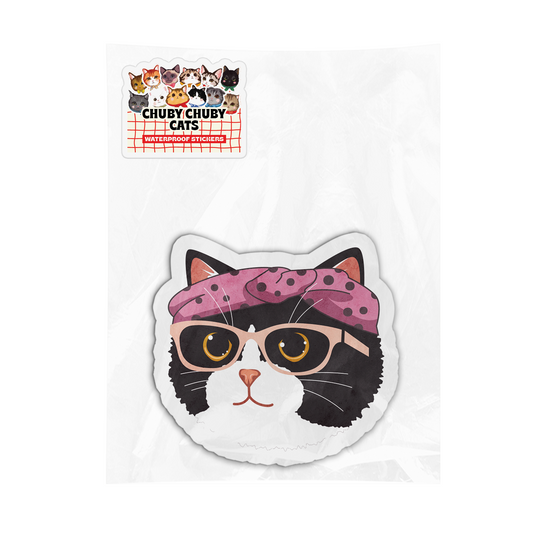 Tuxedo Cat with Pink Polka Dot Headband and Pink Glasses - Chuby Chuby Cats Sticker