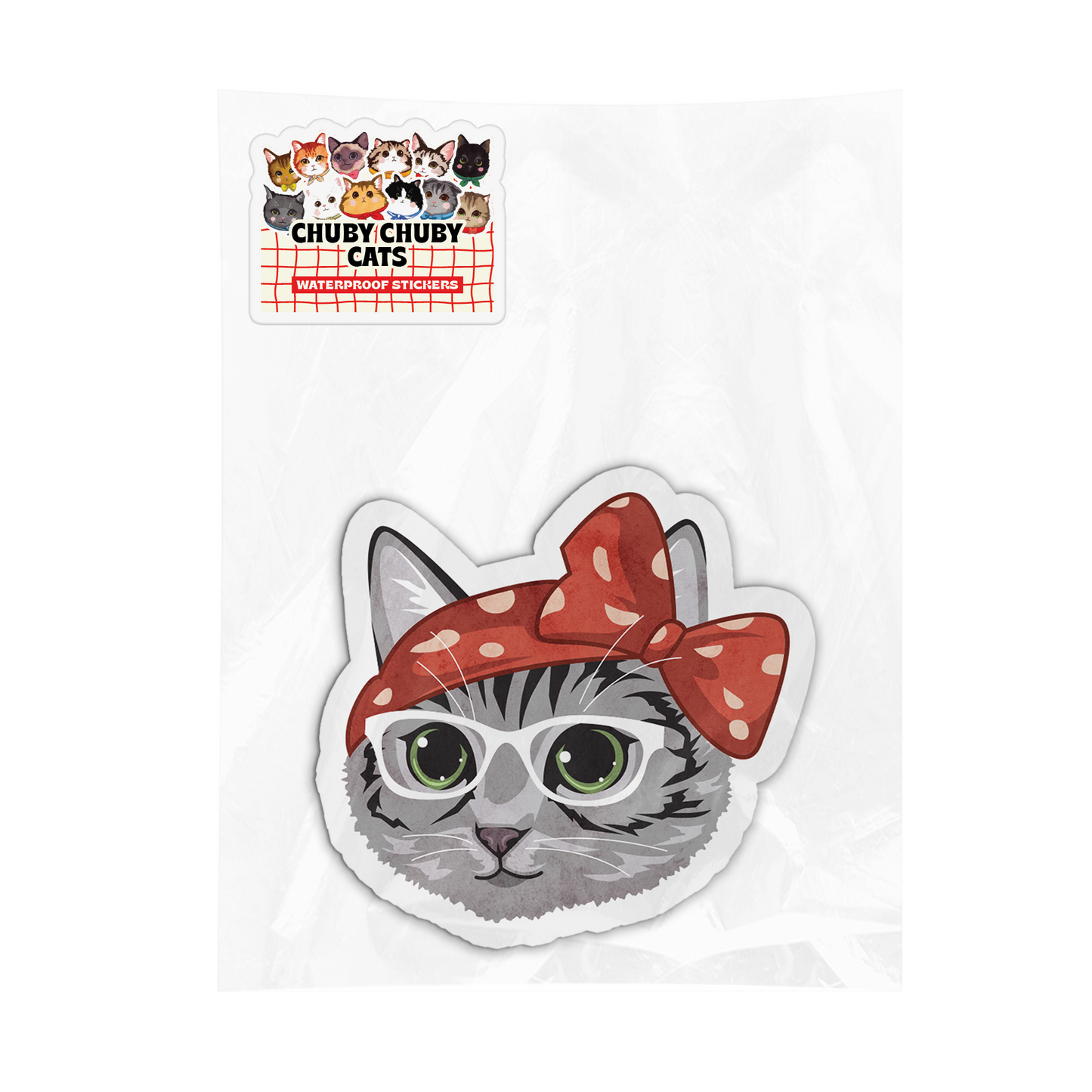 Gray Cat with Red Polkadot Bow - Chuby Chuby Cats Sticker
