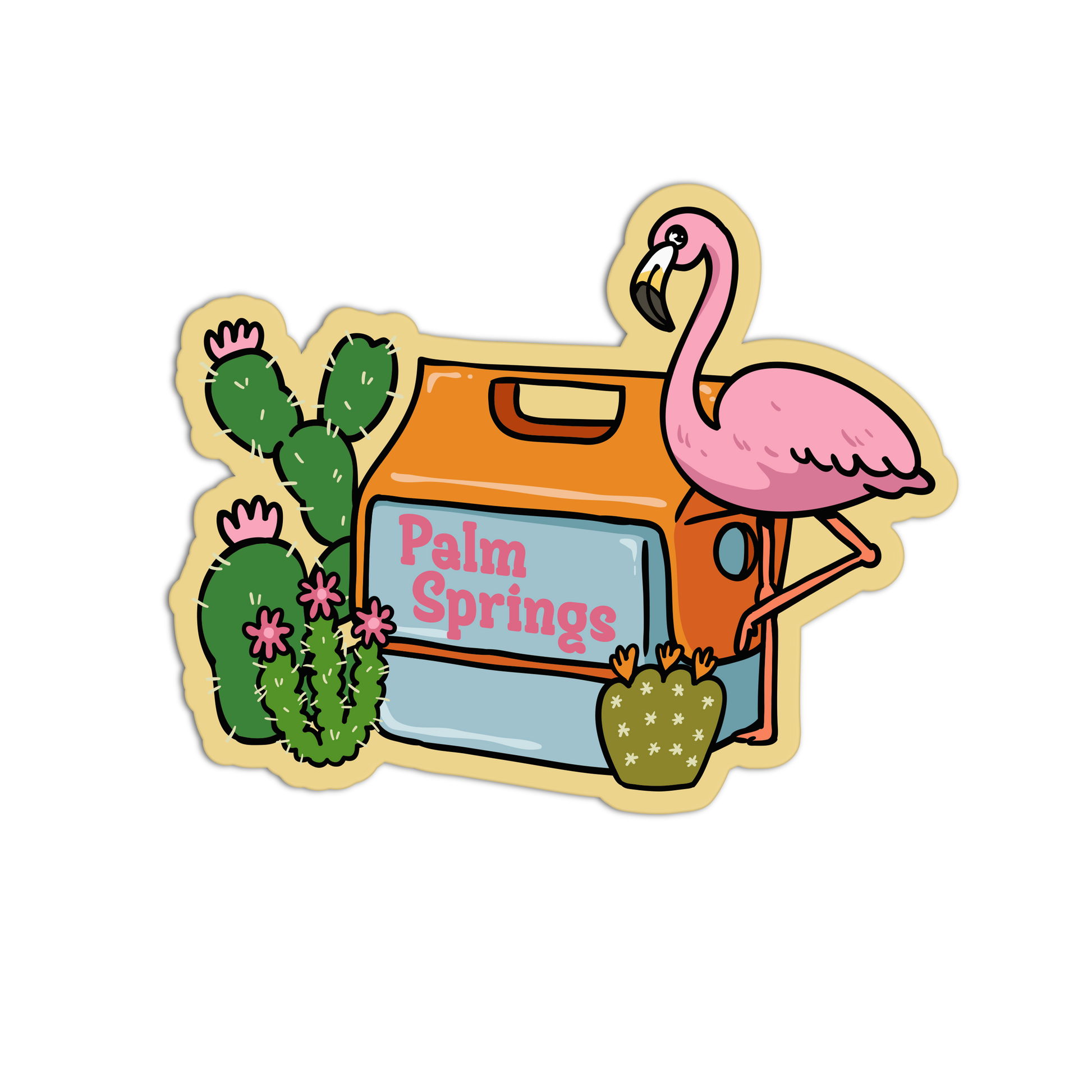 Colorful magnet with a flamingo, cactus, and 'Palm Springs' text on a white background