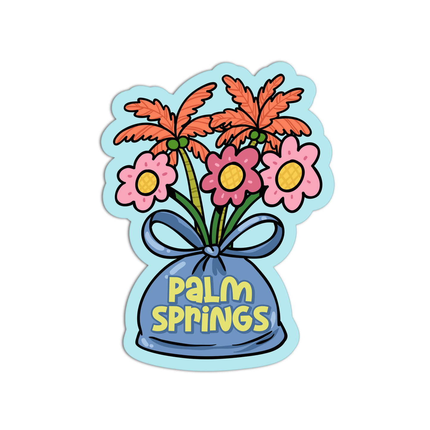 Sticker with palm trees and flowers in a bag labeled 'Palm Springs' on a white background