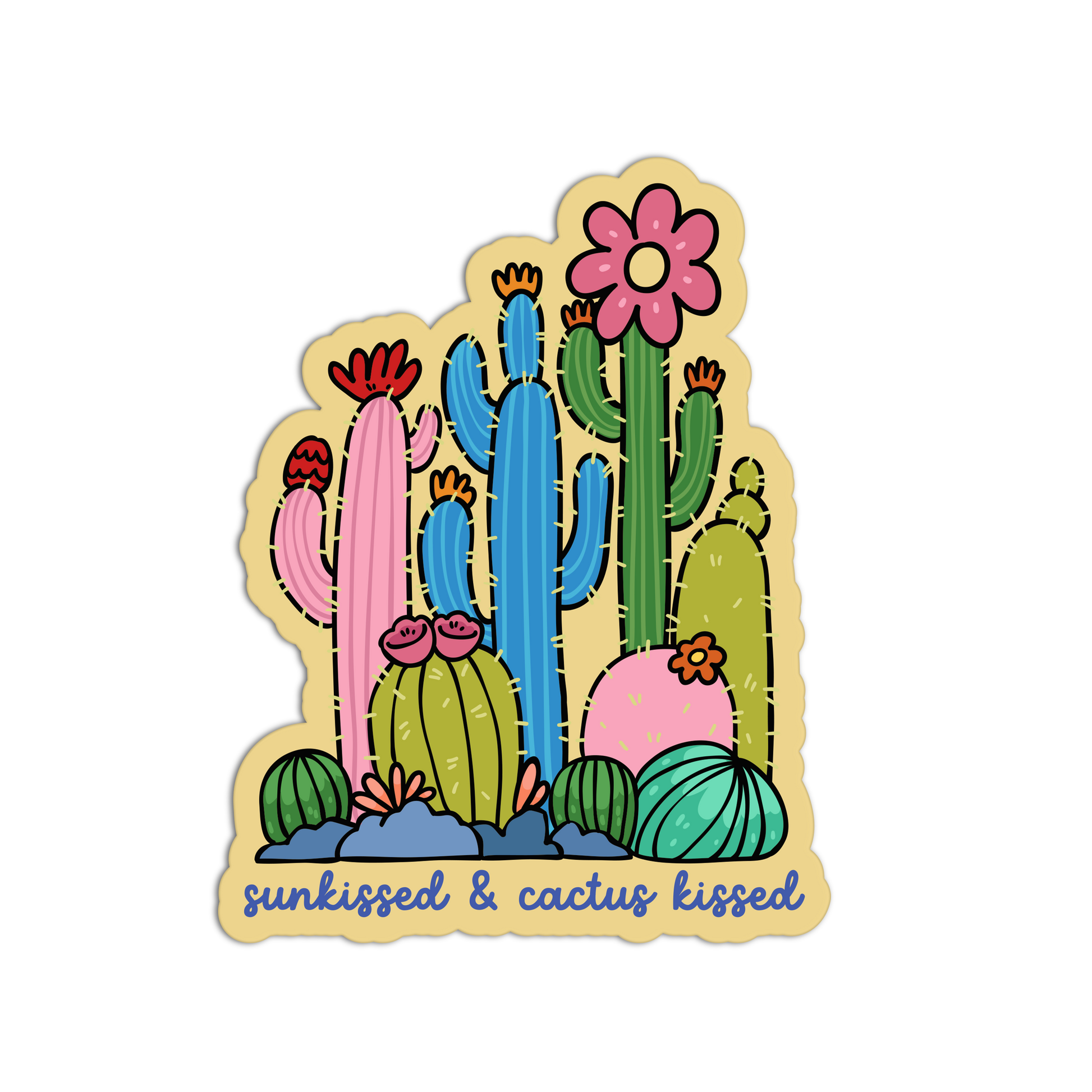 Colorful sticker with cacti and flowers on a white background