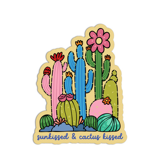 Colorful sticker with cacti and flowers on a white background