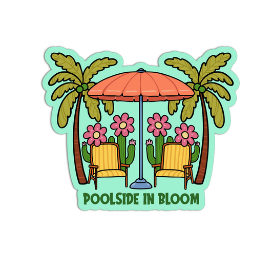 Sticker with palm trees, flowers, and a beach umbrella on a light green background.