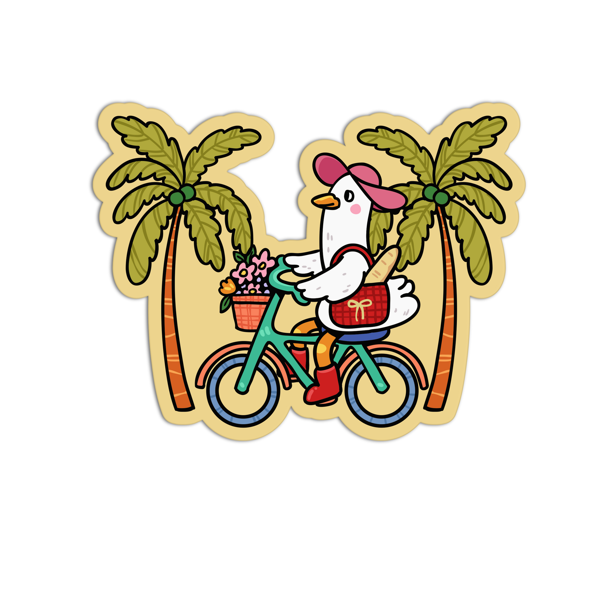 Cartoon chicken riding a bike with palm trees on a white background