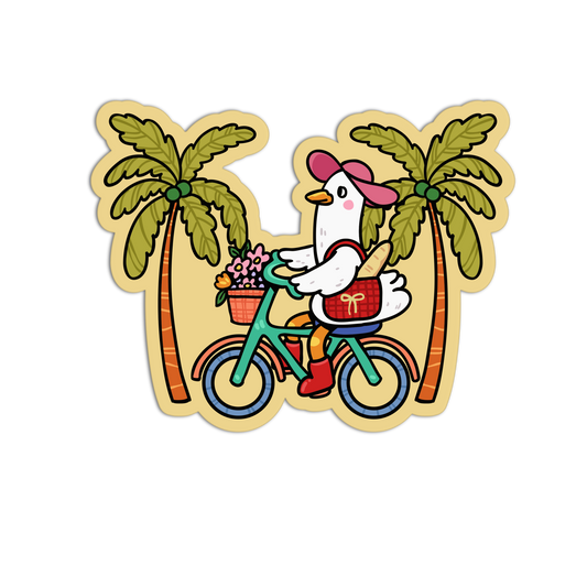 Cartoon chicken riding a bike with palm trees on a white background