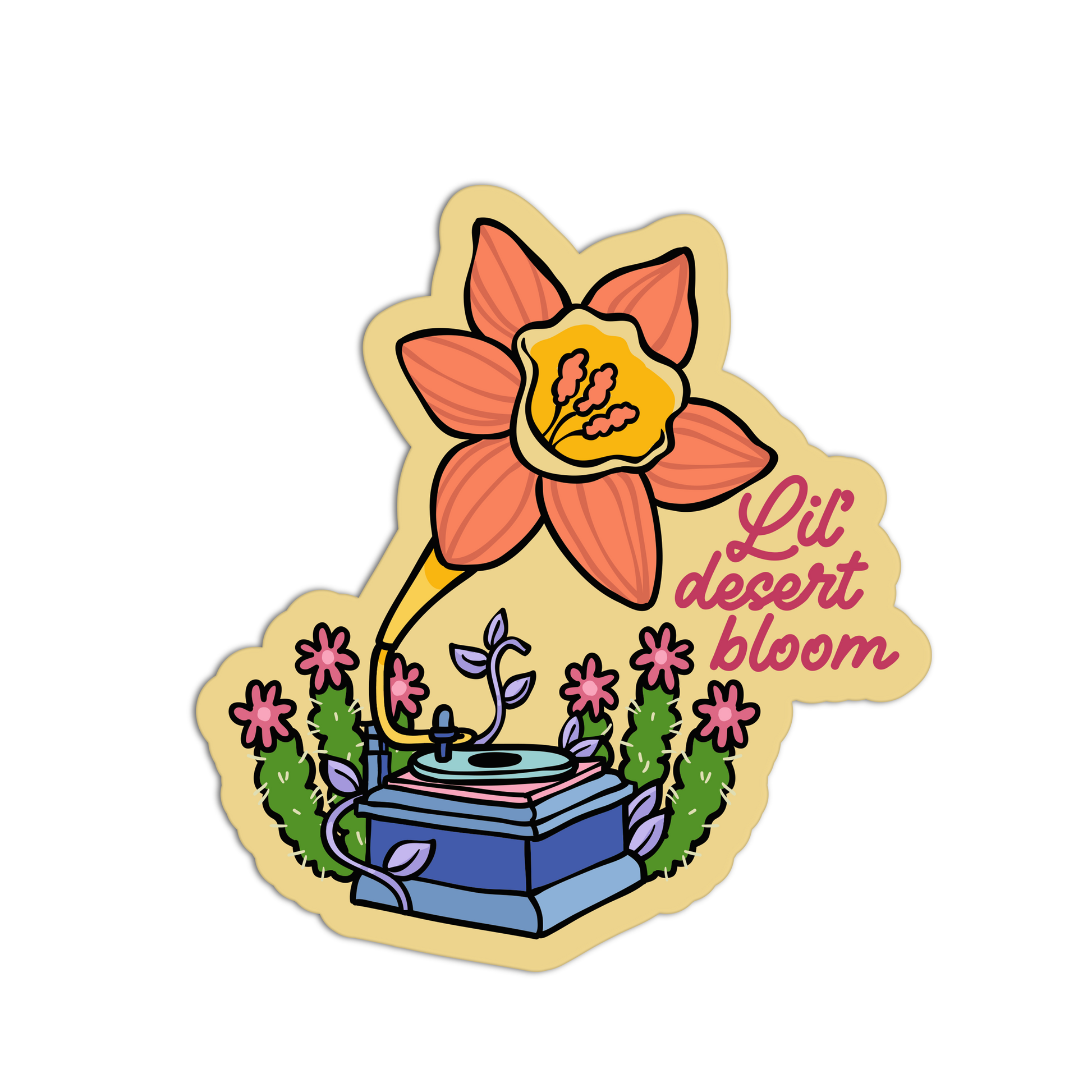Sticker with a flower and text 'Lil desert bloom' on a white background