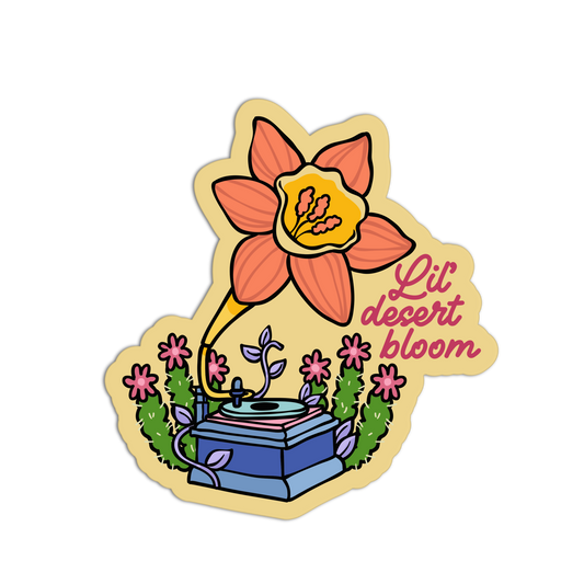 Sticker with a flower and text 'Lil desert bloom' on a white background